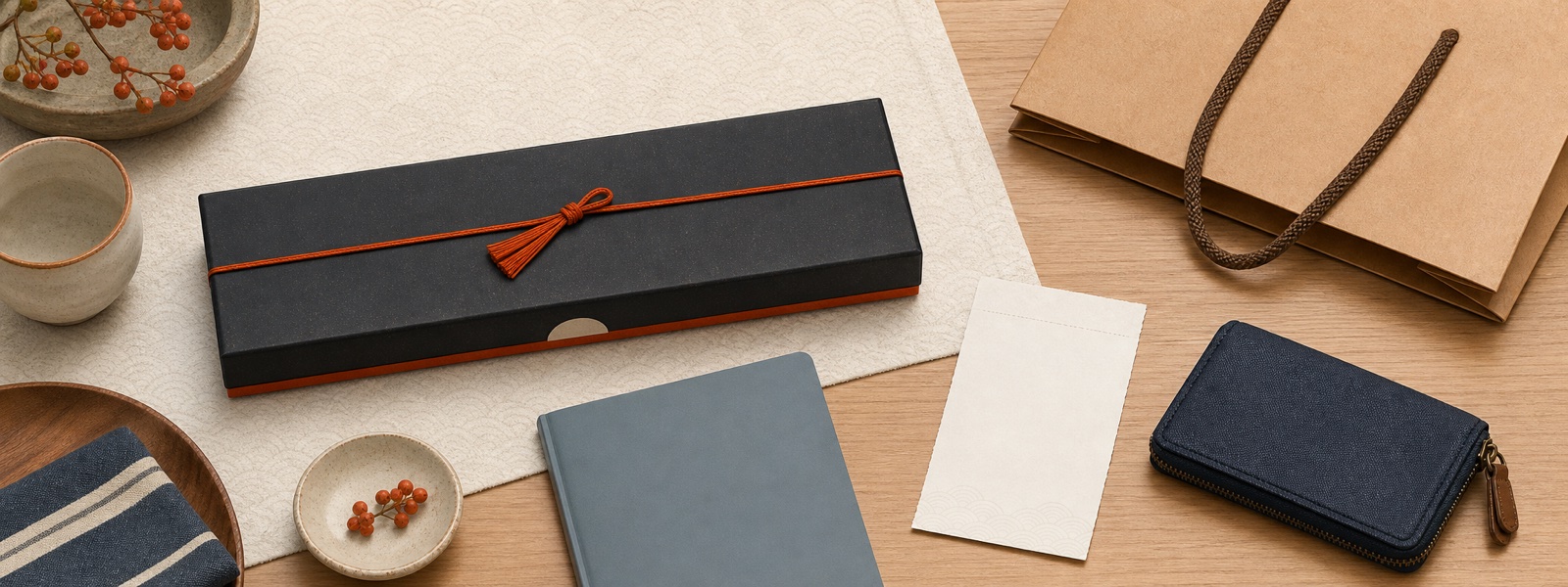 Illustration of a knife case, small travel items and a notebook for the BladeHunter guide.